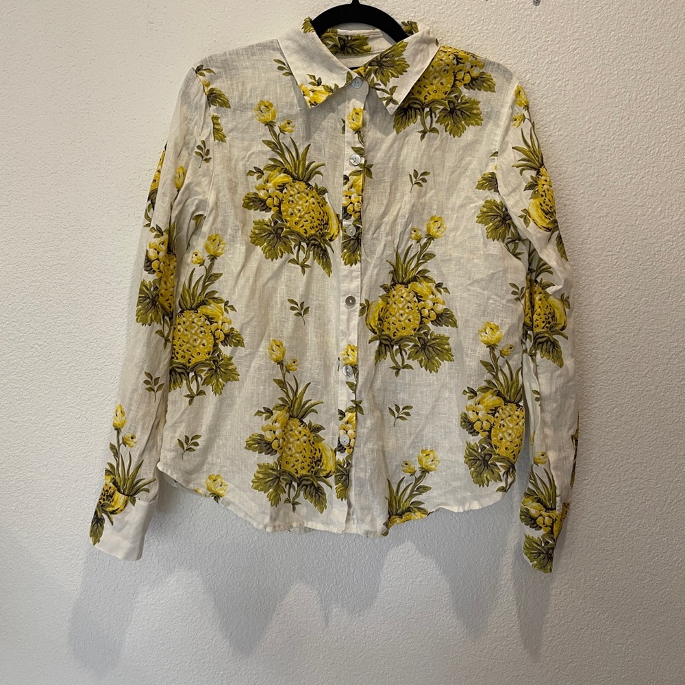 Tahari Yellow Pineapple Print 100% Linen Shirt Women’s Medium